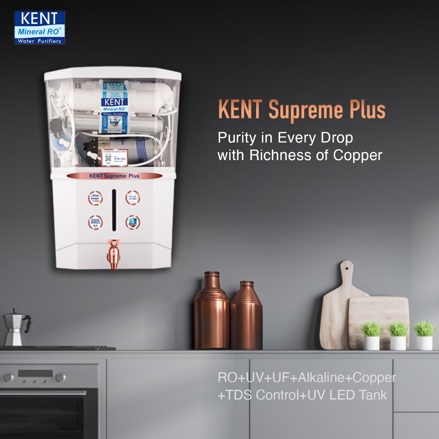 KENT Supreme Plus Alkaline?? RO Water Purifier | RO??? ?????? LED Tank|Advanced ROTech for Sabse Shudh Paani | Auto Flush | 8L| 20LPH | Ideal for Borewell/Tanker/Municipal Water - View 9