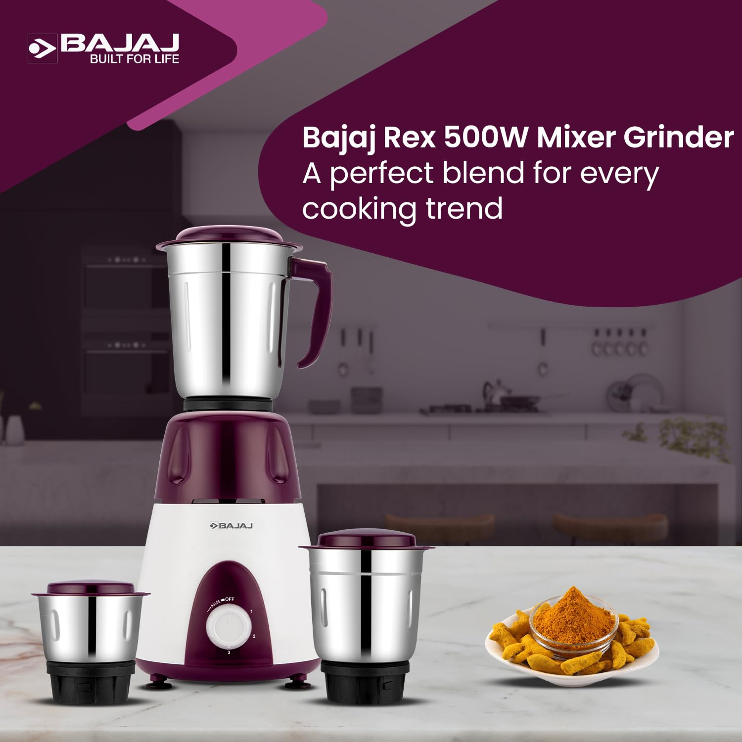 Bajaj Rex Mixer Grinder 500W | Mixie For Kitchen With Nutri-Pro Features | 3 SS Mixer Jars For Heavy Duty Grinding | Adjustable Speed Control | Multifunctional Blade System | 2 Yr Warranty - View 5