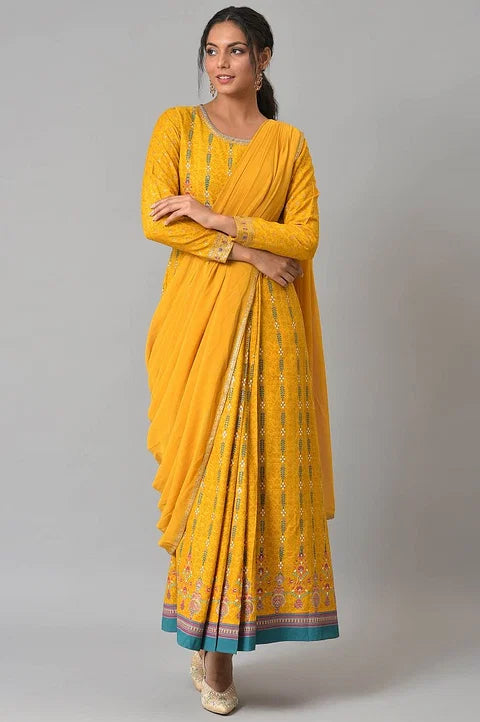 Yellow Glitter Printed Festive Saree Dress With Belt - View 6