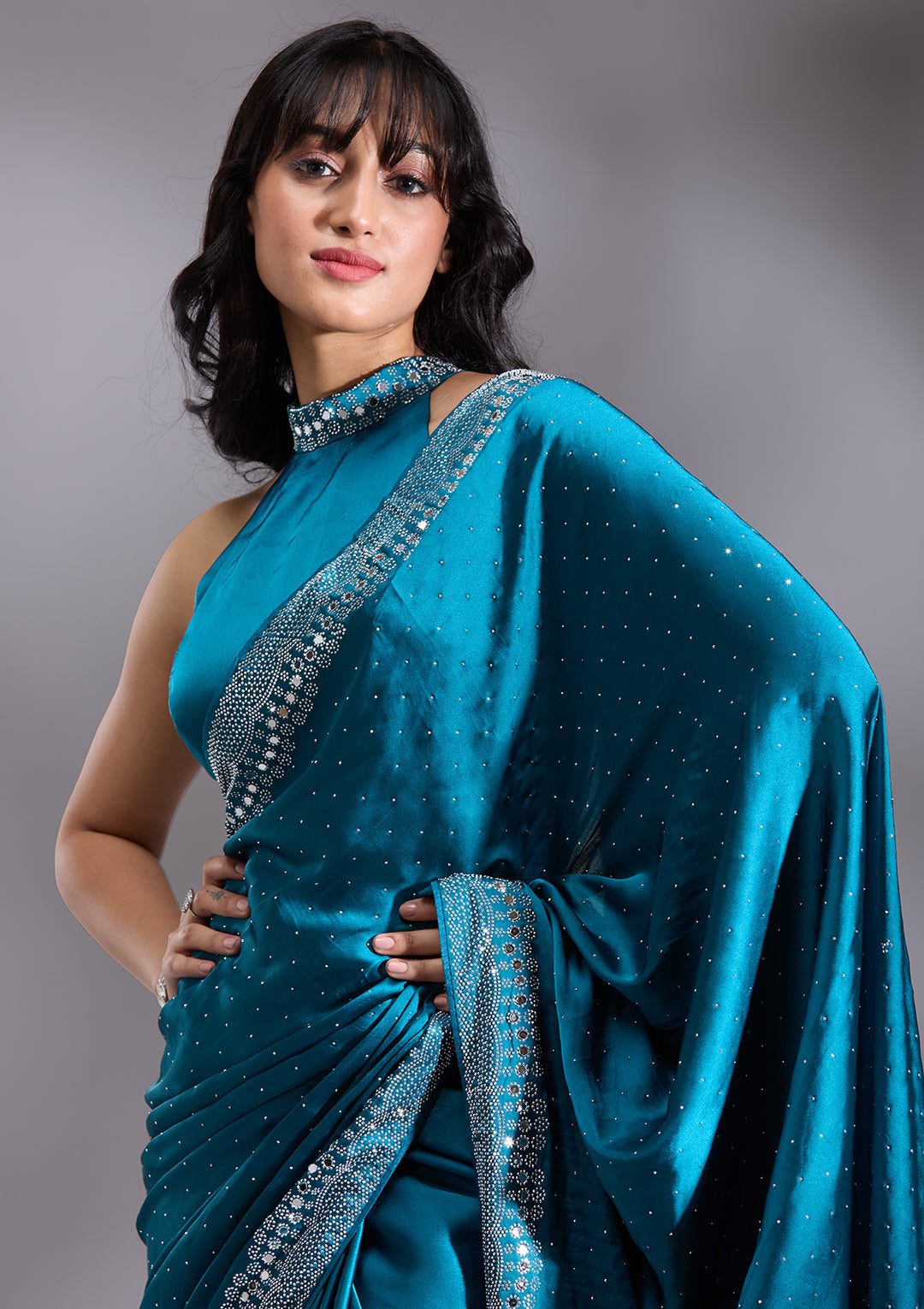 Peacock Blue Silver Stonework Satin Saree - View 5