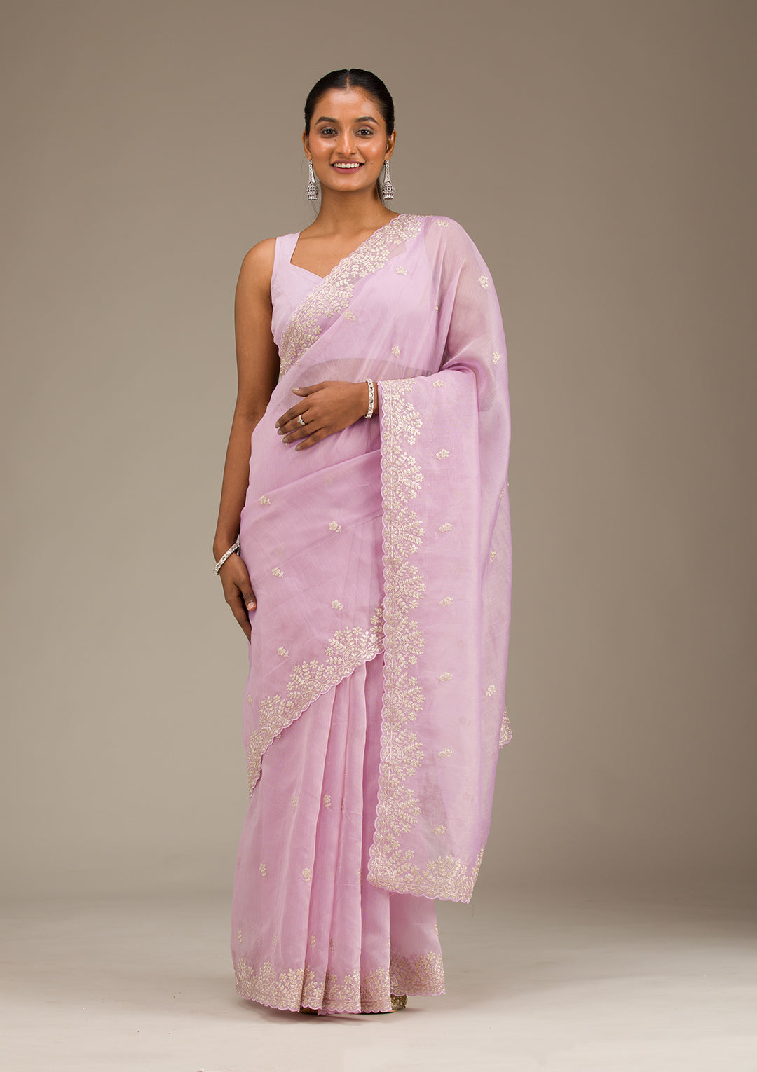 Lavender Threadwork Tissue Saree - View 4