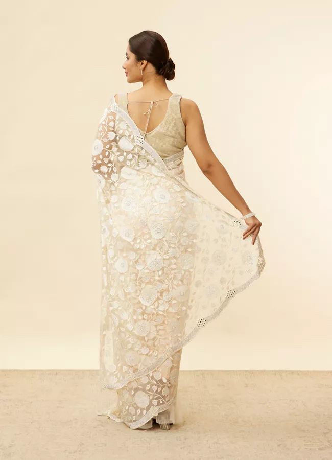 Ivory Cream Bel Buti Patterned Mirror and Stone Work Saree - View 4