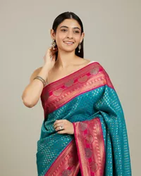 Rama Green Buta Patterned Saree with Floral Leaf Border - View 5