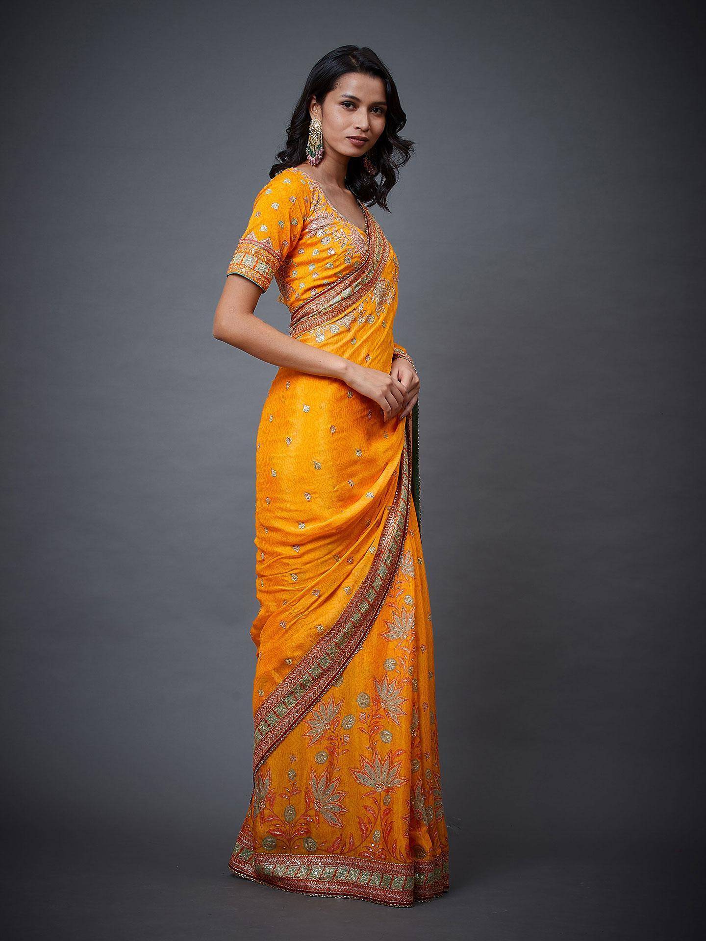 Mango & Multi Waterfall Saree - View 5