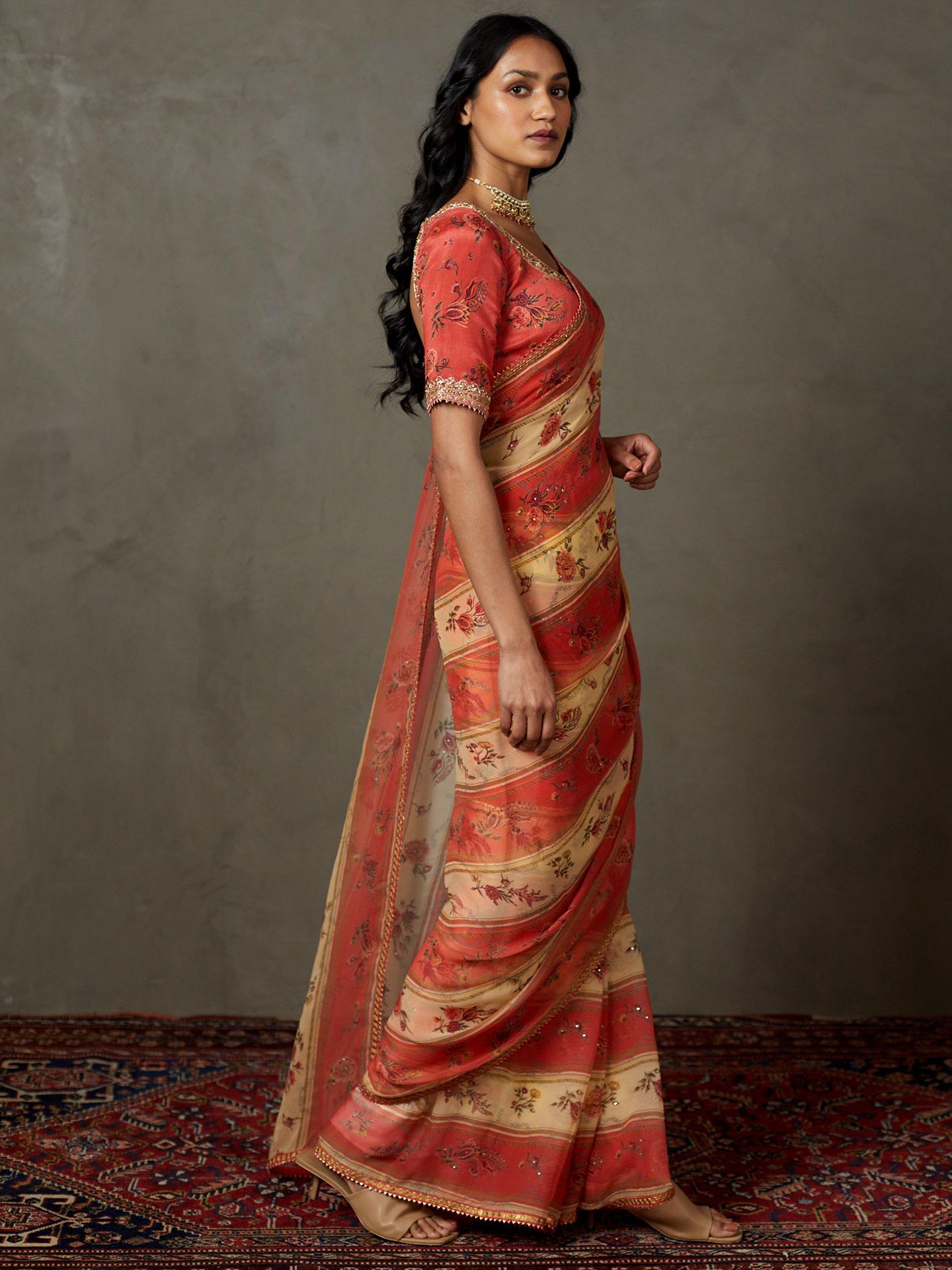 Peach & Multi Dahlia Saree With Unstitched Blouse - View 4