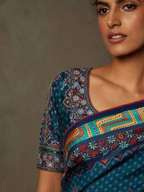 Teal & Navy Chowki Saree With Unstitched Blouse - View 2