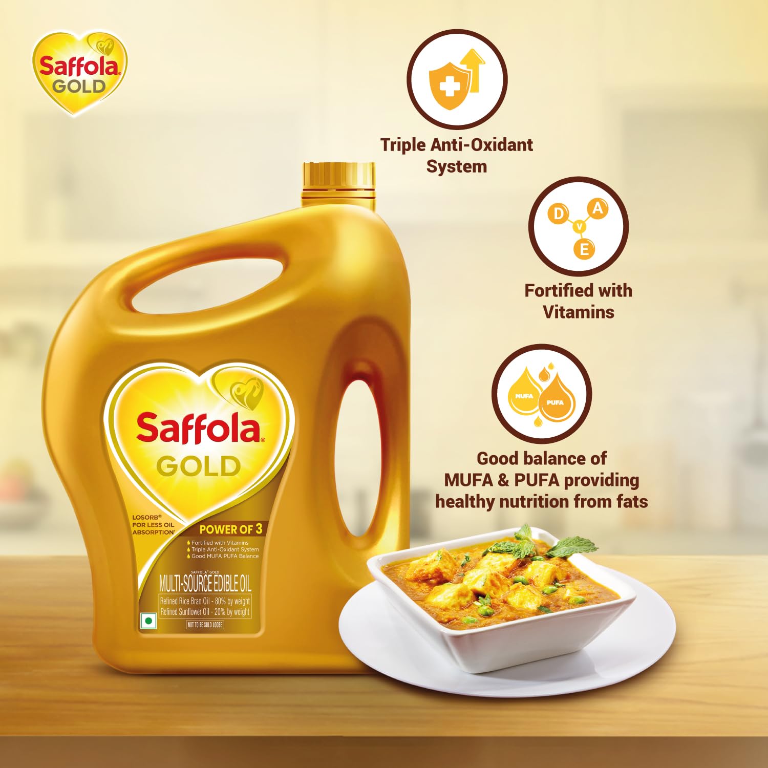 5 Litre Jar  Free 1 Litre Pouch Saffola Gold Refined Cooking oil | Blended of Rice Bran & Sunflower oil