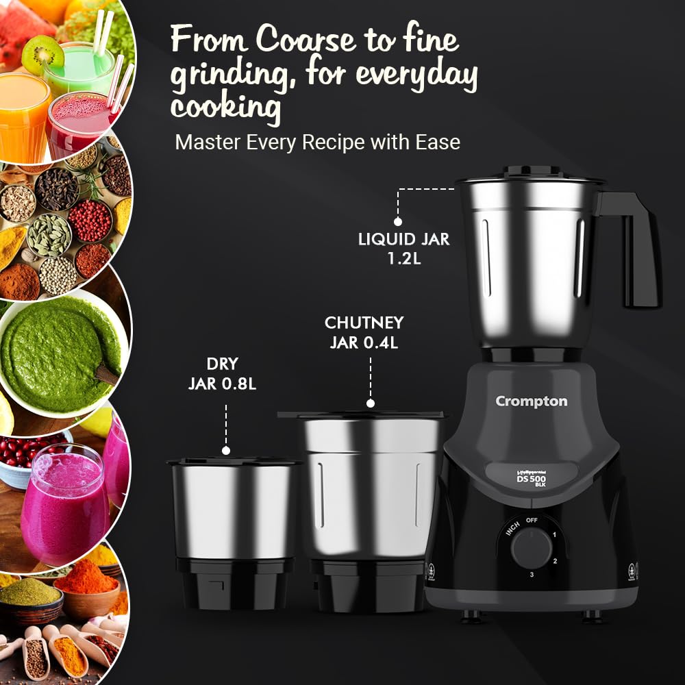 Crompton DS 500 BLK 500-Watt Mixer Grinder with Powertron Motor & Motor Vent-X Technology (3 Stainless Steel Jars, Black & Grey) - View 5