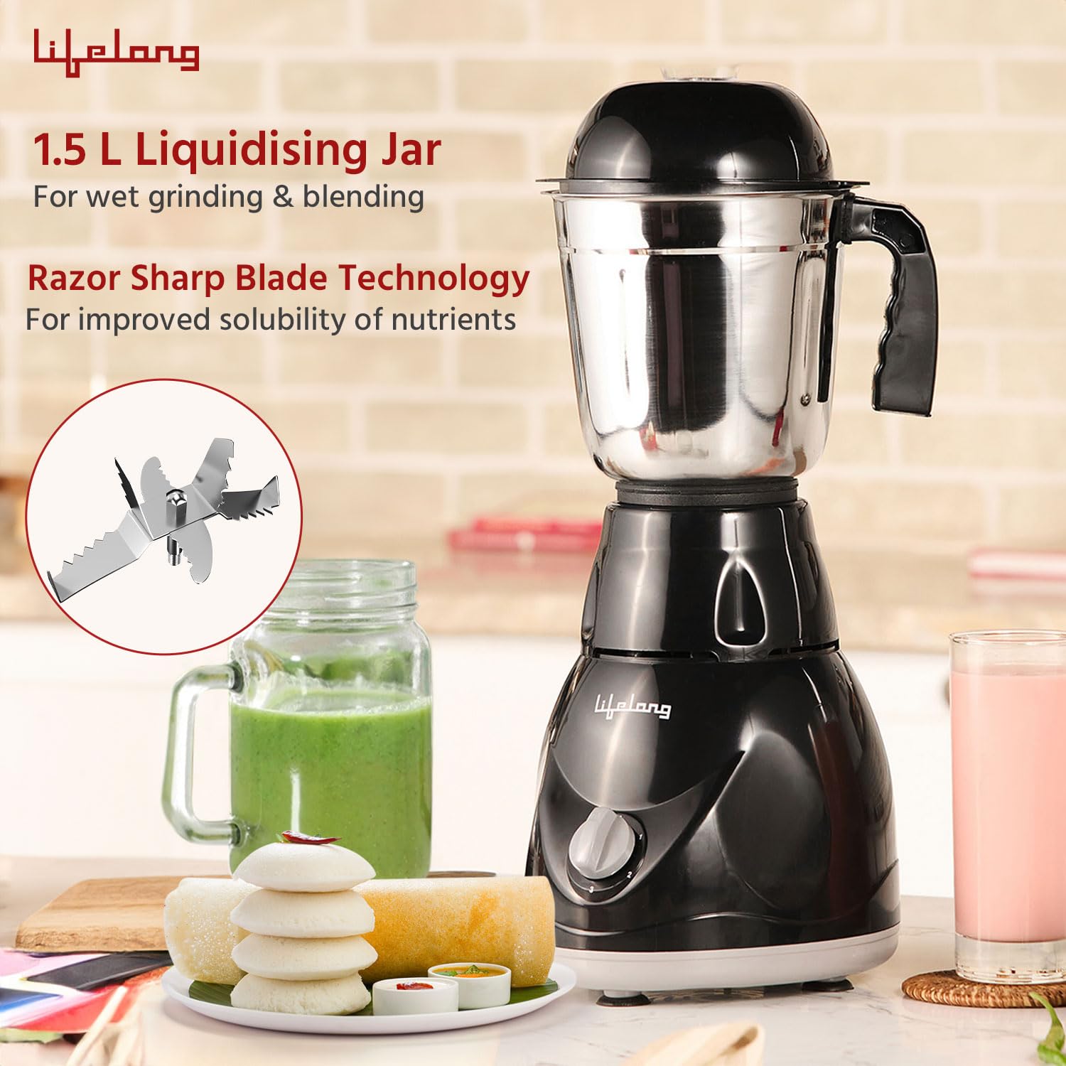 Lifelong Mixer Grinder for Kitchen - 3 Jars 500 Watt Mixie - Chutney Jar, Dry Grinder Jar & Liquidizing Jar used as Wet Grinder & Blender for Milkshake, Smoothie, Puree -Stainless Steel Blades(LLMG23) - View 3