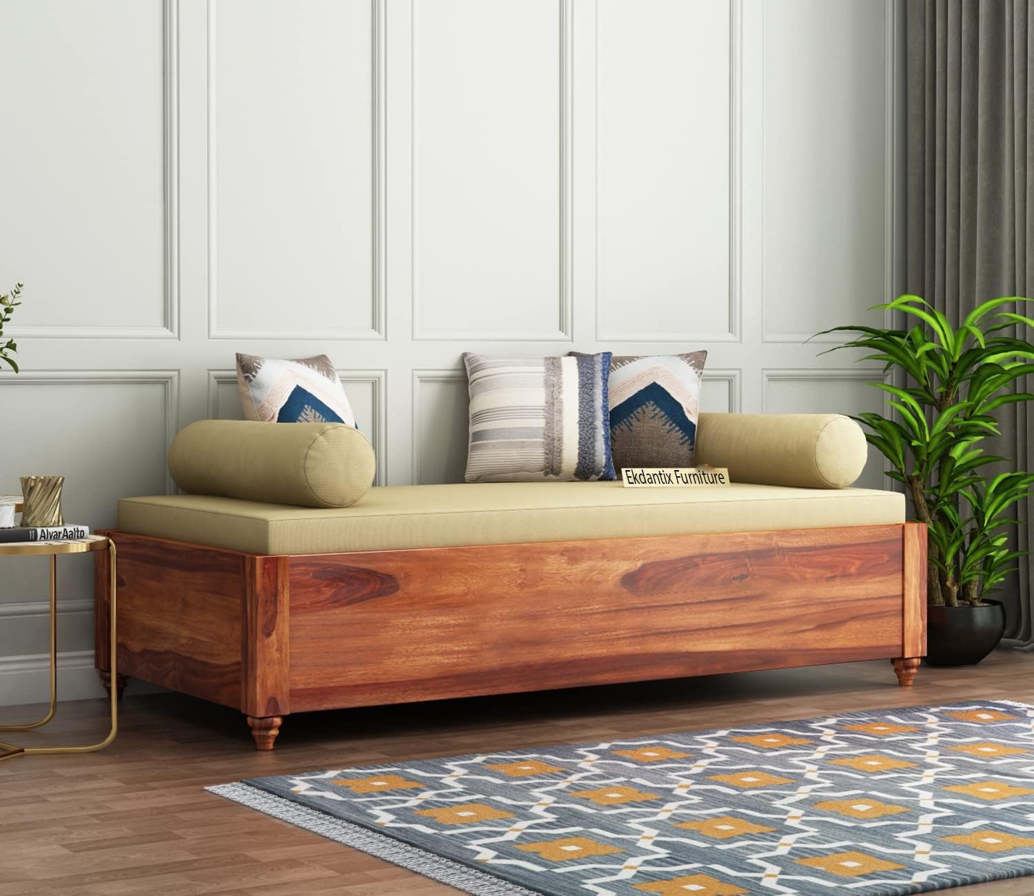 Ekdantix Furniture Wood Divana Cot for Home Hall || Diwan Cum Bed with Storage || 3 Seater Sofa Cum Couch || Divan Bed for Living Room || Without Pillow (Natural)