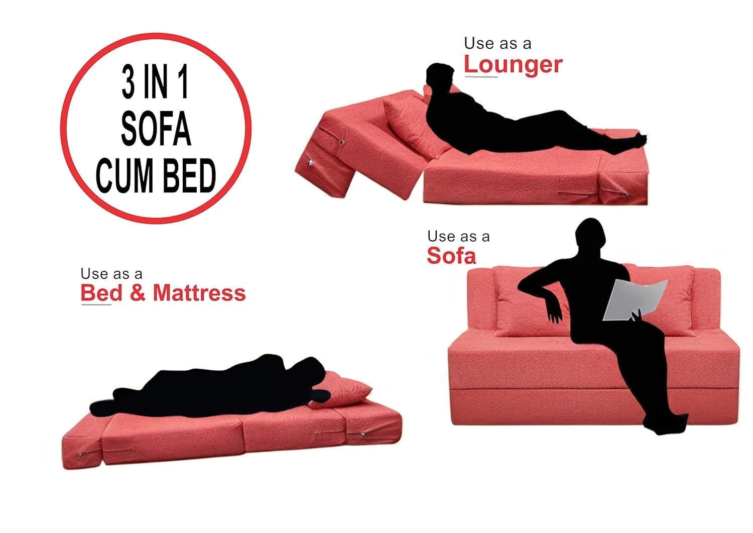 PumPum EPE Foam 2-Seater Sofa Cum Bed ? 36 Inch Width, Convertible Design, Lightweight & Foldable (Peach) - View 5