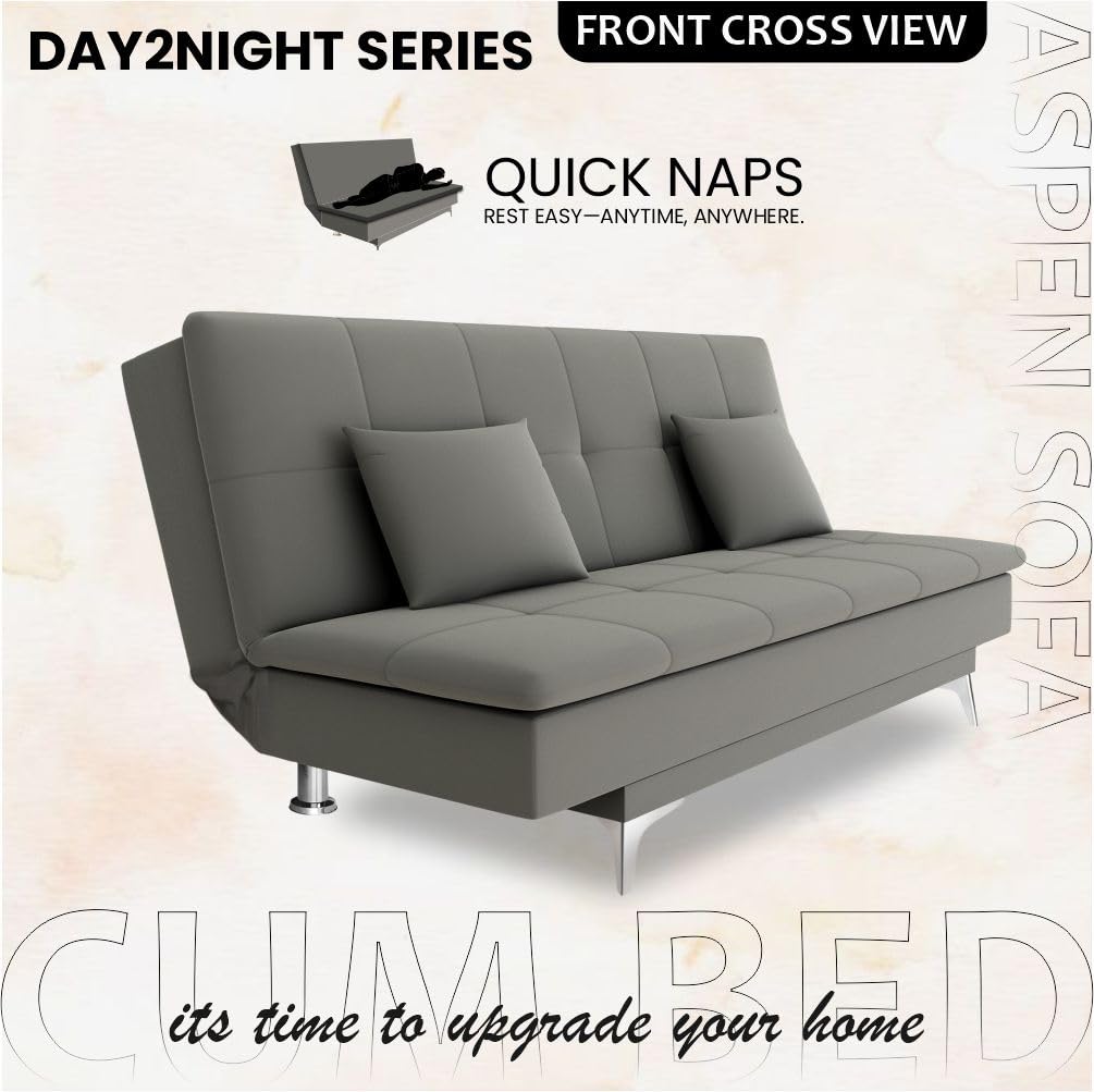 Adorn India Premium New Aspen 3 Seater Sofa Cum Bed 4X6 Velvet Suede with 2 Cushions (Color Grey) and Suitable for All Indoor, with 3 Years Warranty - View 4