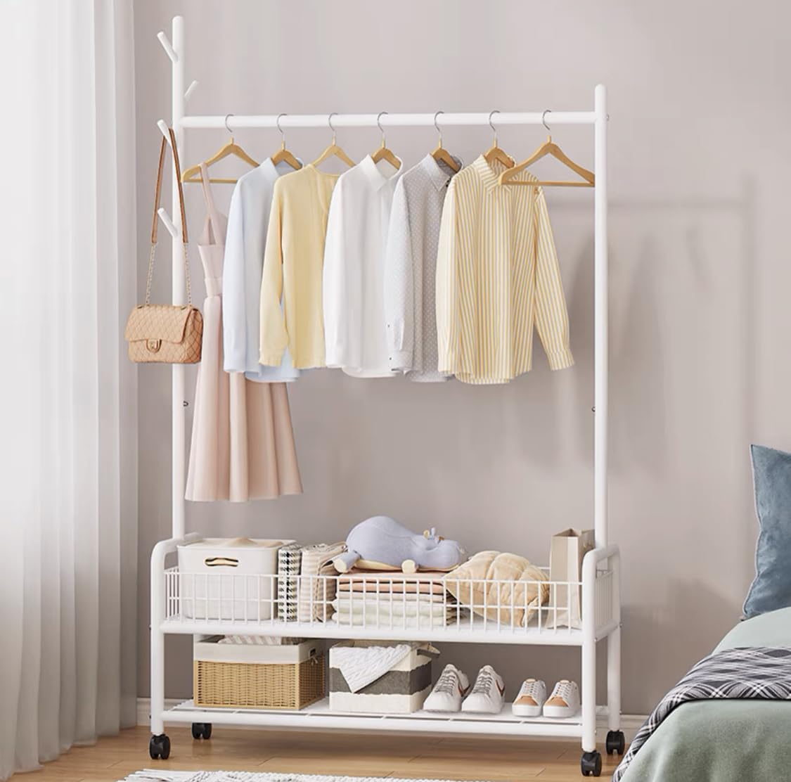 Lukzer | MGR-002 | White | Metal Cloth Stand & Garment Rack with Wheels, 2 Bottom Shelves & Single Rod ? Space-Saving Clothes Organizer for Bedroom, Laundry, Entryway & More | 173 x 90 x 34 cm - View 3