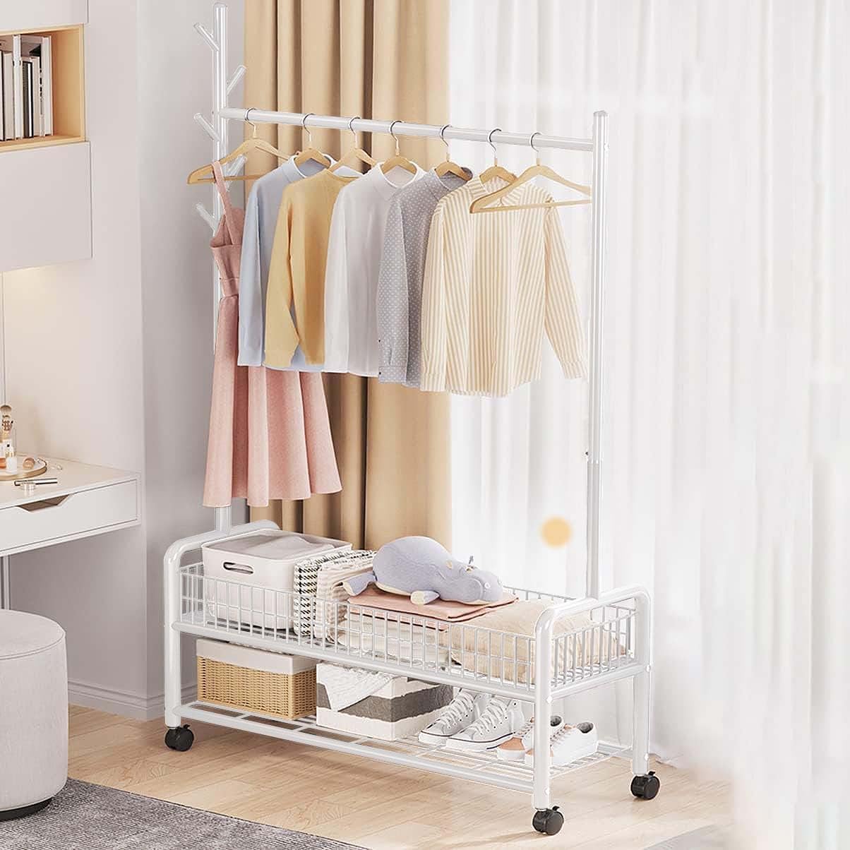 Lukzer | MGR-002 | White | Metal Cloth Stand & Garment Rack with Wheels, 2 Bottom Shelves & Single Rod ? Space-Saving Clothes Organizer for Bedroom, Laundry, Entryway & More | 173 x 90 x 34 cm - View 2