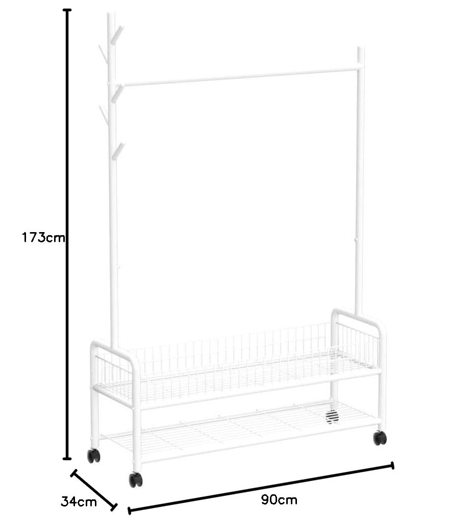 Lukzer | MGR-002 | White | Metal Cloth Stand & Garment Rack with Wheels, 2 Bottom Shelves & Single Rod ? Space-Saving Clothes Organizer for Bedroom, Laundry, Entryway & More | 173 x 90 x 34 cm - View 5