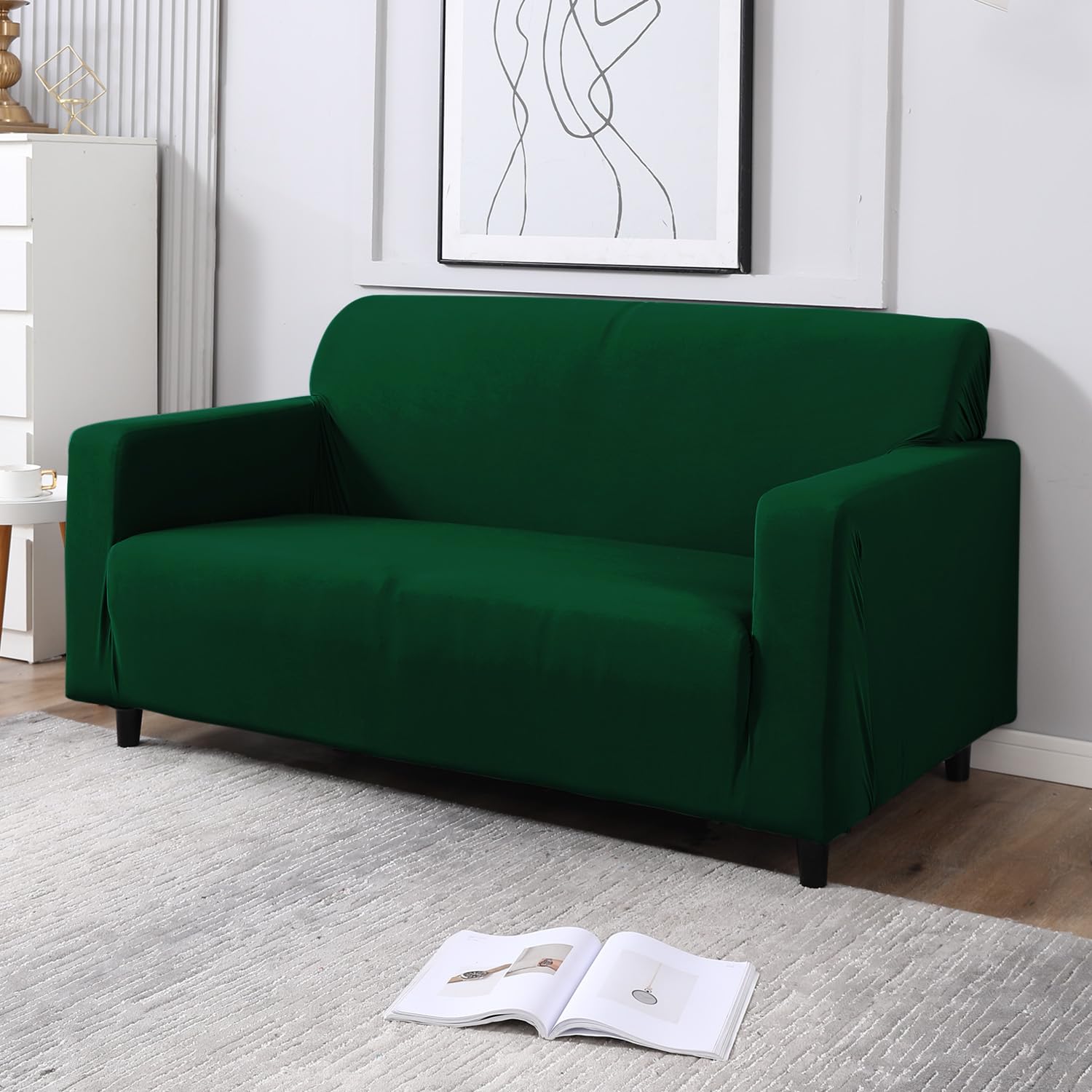 HOKIPO Printed 5 Seater Fully Covered Sofa Cover in 3 Seater and 2 Seater Configuration, Bottle Green (AR-4278-E25  AR-4279-E25)