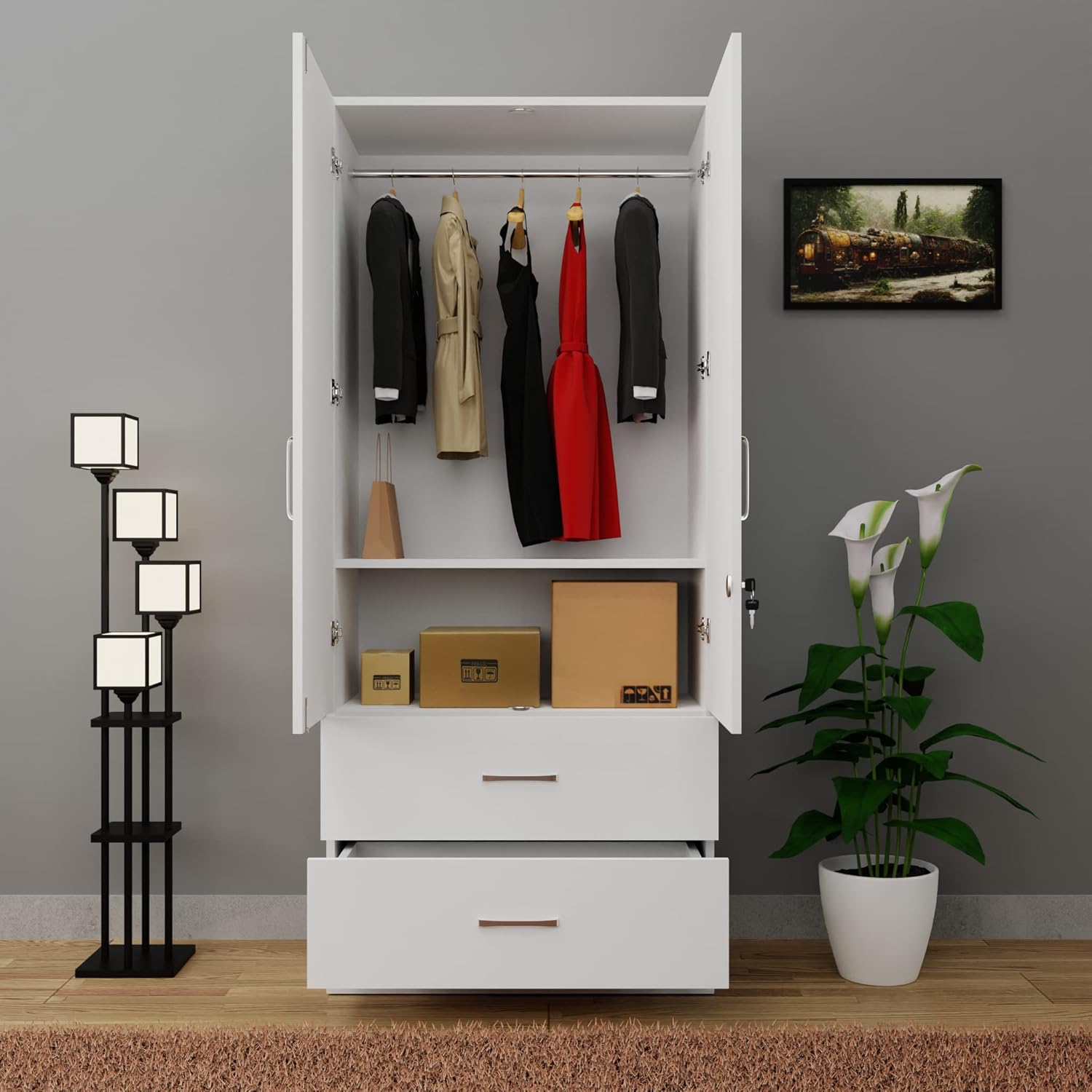 VIKI Wardrobe | Wooden Almirah for Clothes,Door for Bedroom, 2 Door Wardrobe with Drawer & Hanging Space (Frosty White - 40D x 80W x 180H) | 1 Year Warranty | Free Assembly - View 4