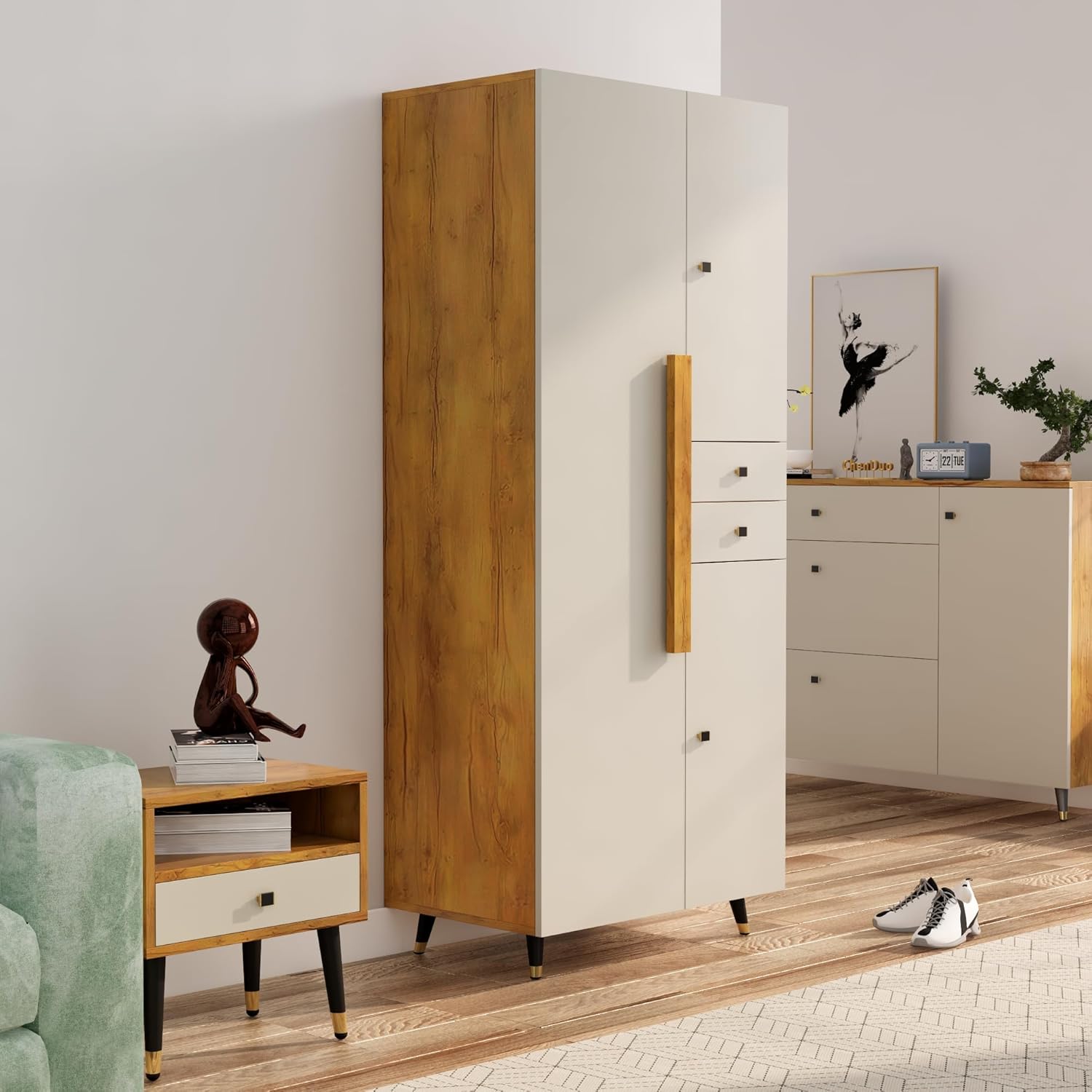Bniture Wooden Almirah for Clothes, Door for Bedroom, 2 Door Wardrobe with Drawer & Hanging Space (45D x 75W x 180H CM) | 3 Year Warranty (Giant Wood & Frosty White)