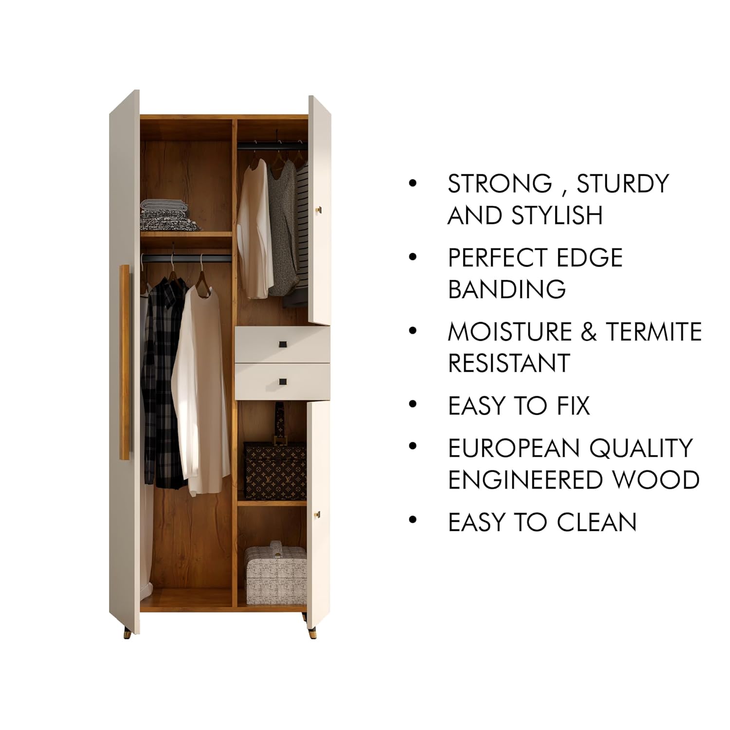 Bniture Wooden Almirah for Clothes, Door for Bedroom, 2 Door Wardrobe with Drawer & Hanging Space (45D x 75W x 180H CM) | 3 Year Warranty (Giant Wood & Frosty White) - View 5