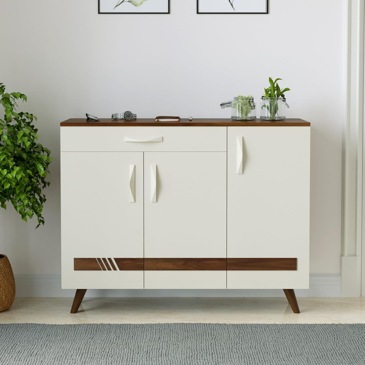 BLUEWUD Kaspen Engineered Wood Wood Dual Tone 3 Doors Shoe Rack Cabinet Slipper Footwear Stand Organizer with Drawer can Store Up to 16 Pairs for Home (Brown Maple & White) - View 4