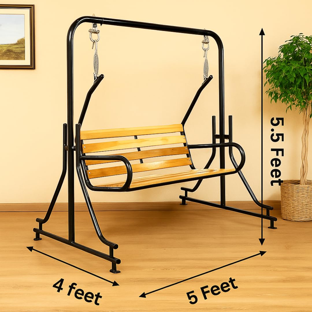 2-Seater Indoor & Outdoor Swing - Natural Wooden Polished (50kg) | Upper Pipe Swing Jhula for Home and Blacony with Sturdy Stand | Strong 300 Kg Capacity Heavy Metal Swing - View 2