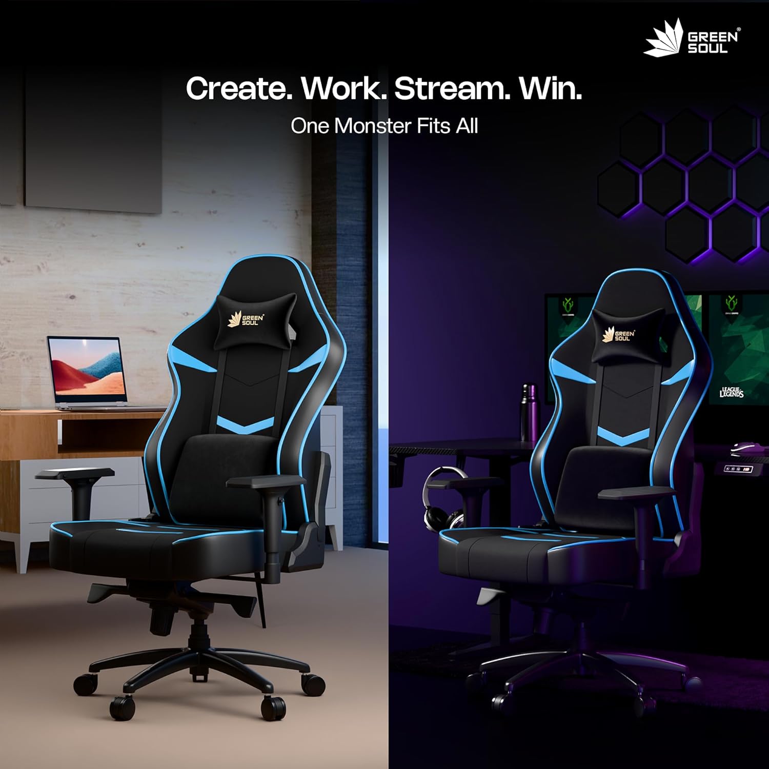 Gaming & Office Chair| Premium Spandex & PU Leather Fabric | Adjustable Neck, Lumbar Pillow | 4D Adjustable Armrests (Black Blue) - View 3