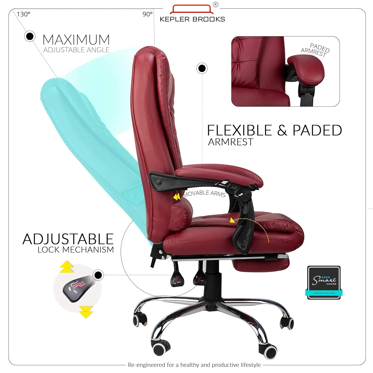 Premium Leatherette Office Chair for Work | 3-Years Warranty | Boss Chair for Office, Ergonomic Executive Chair, Cushioned Arms & Seat, Leg Rest, Heavy Duty Metal Base (Burgundy) - View 4